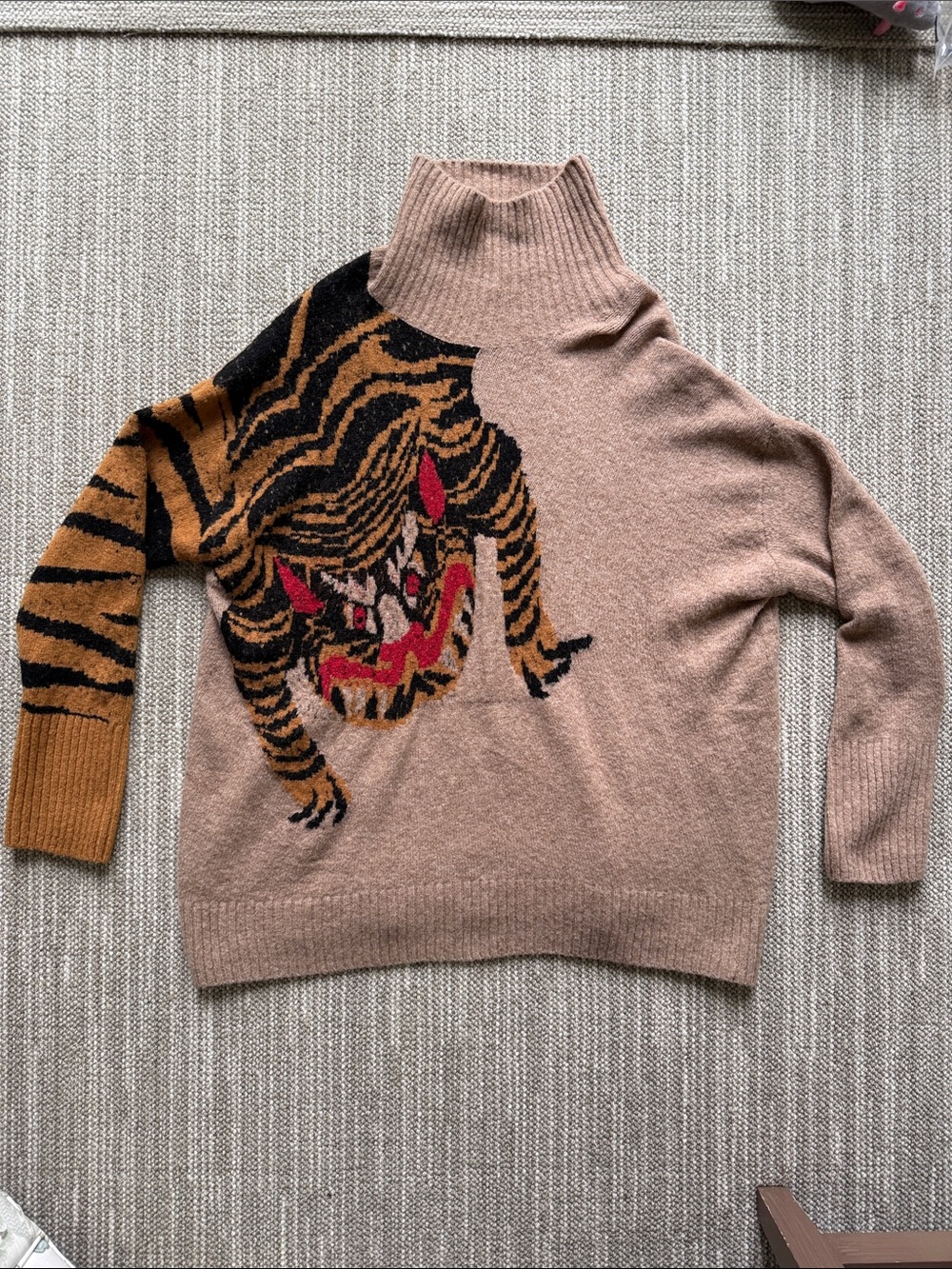 Beige Turtleneck Sweater with Tiger Graphic